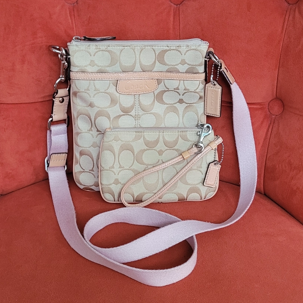 Coach Signature Beige Canvas and Pink Strap Crossbody Bag and Wristlet Set
